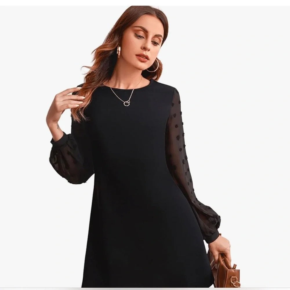 Black A-line midi dress with sheer mesh long sleeves size XL - Picture 1 of 10